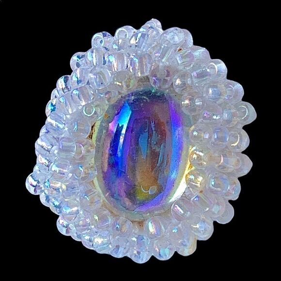 White iridescent hand beaded pierced earrings fabulous colors and artist design - Picture 11 of 15